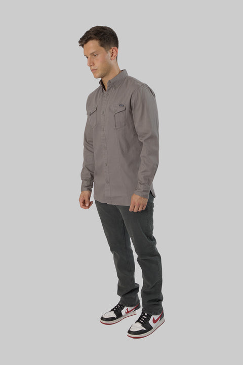 Relaxed Fit Men's Long-Sleeved Shirt With Two Patch pockets in Steel Grey