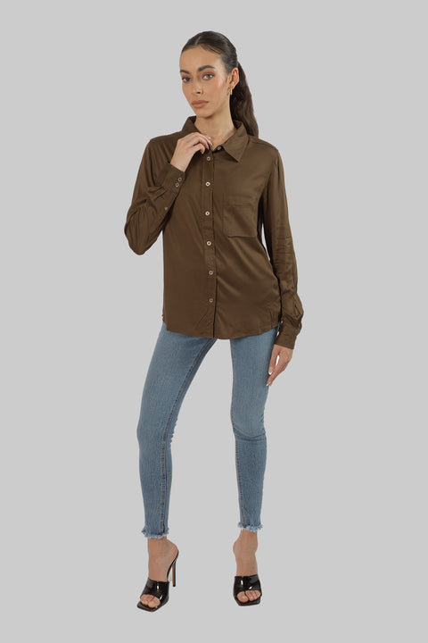 Ladies Women's Classic Work Wear Long Sleeve Blouse, Chocolate