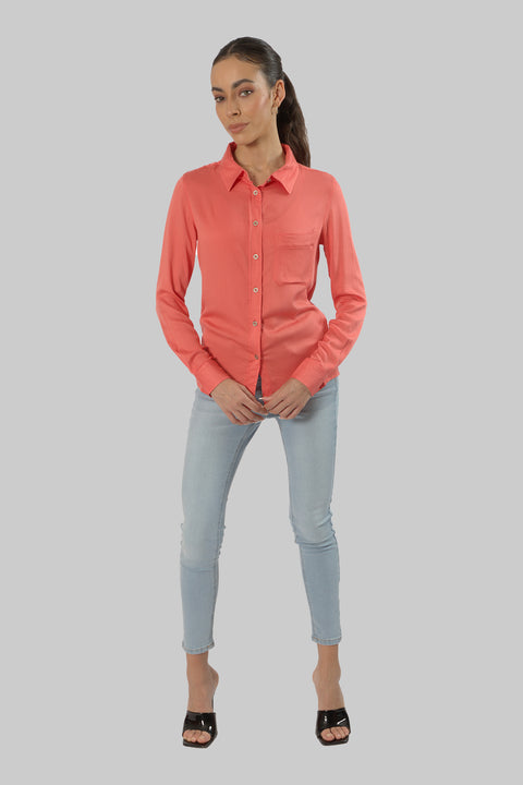 Ladies Women's Classic Work Wear Long Sleeve Blouse, Coral