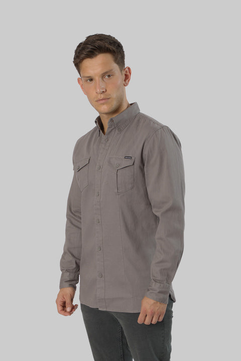 Relaxed Fit Men's Long-Sleeved Shirt With Two Patch pockets in Steel Grey