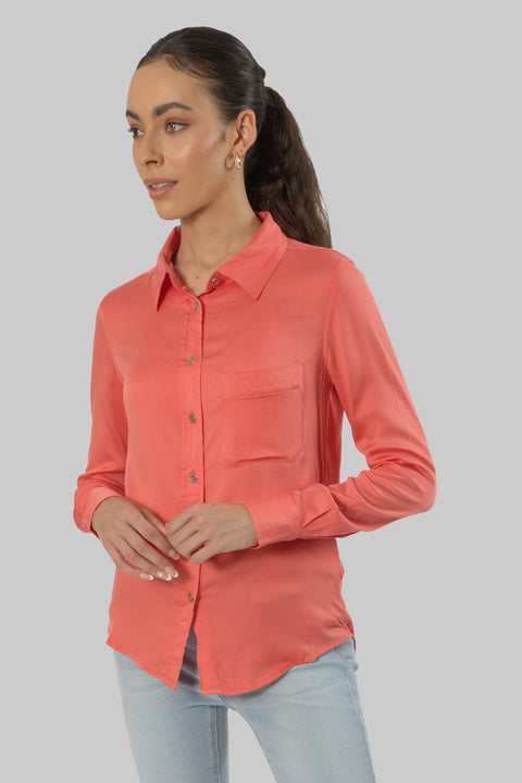 Ladies Women's Classic Work Wear Long Sleeve Blouse, Coral