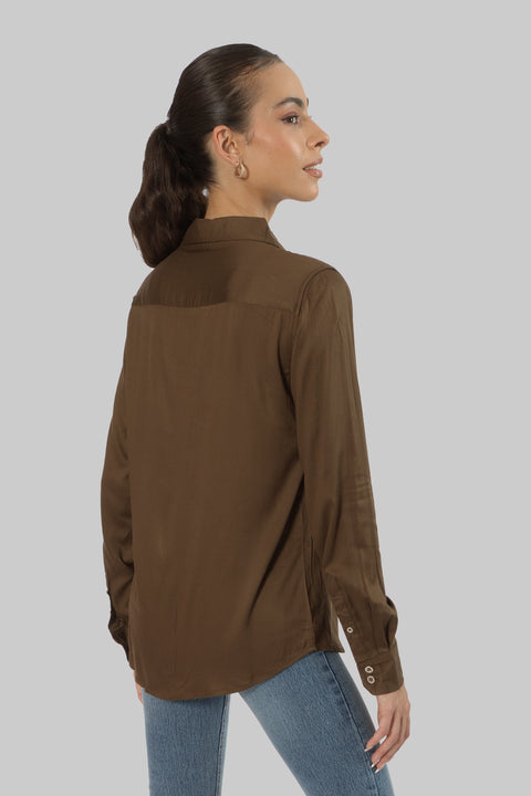 Ladies Women's Classic Work Wear Long Sleeve Blouse, Chocolate