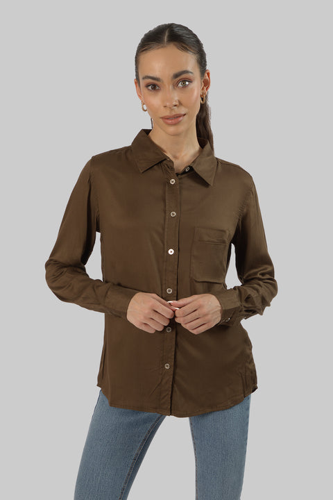 Ladies Women's Classic Work Wear Long Sleeve Blouse, Chocolate