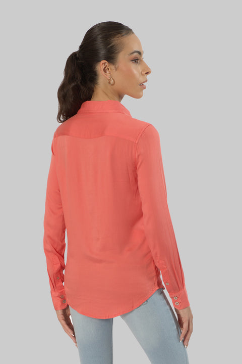 Ladies Women's Classic Work Wear Long Sleeve Blouse, Coral