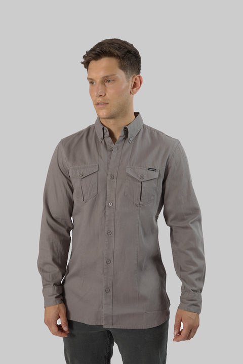 Relaxed Fit Men's Long-Sleeved Shirt With Two Patch pockets in Steel Grey
