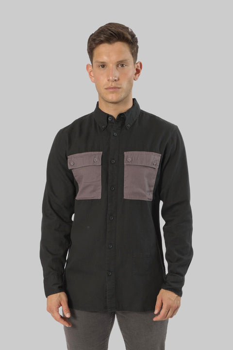 Casual Men's Long Sleeve Shirt With Contrast Pocket, Jet Black
