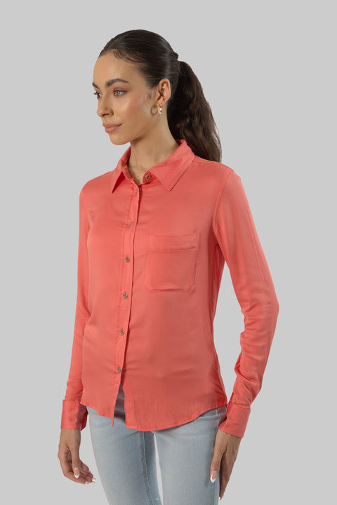 Ladies Women's Classic Work Wear Long Sleeve Blouse, Coral