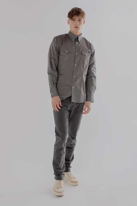Long-Sleeved Shirt With Two Patch pockets Semi Formal Wear in Steel Grey Colour