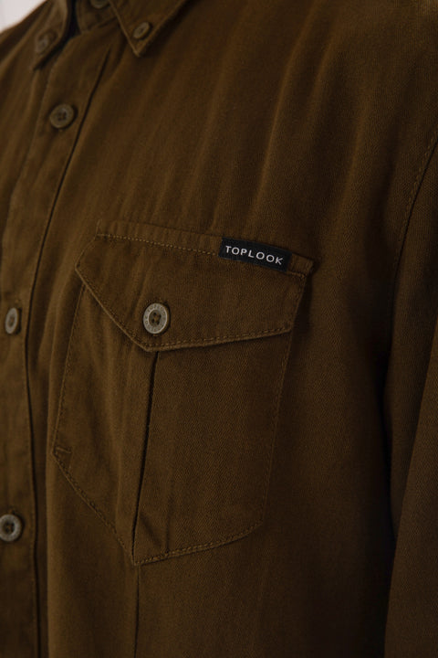 Causal Wear Long-Sleeved Shirt With Two Patch pockets in Olive