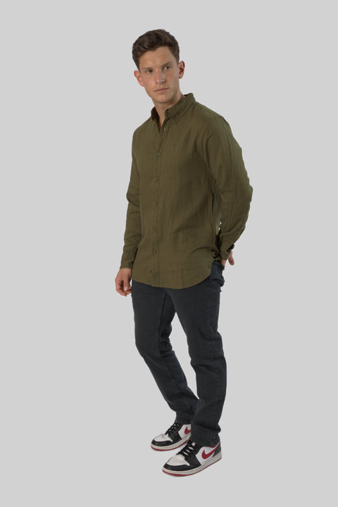 Men's Casual Wear Shirt With Floral Contrast Detail in Dark Olive