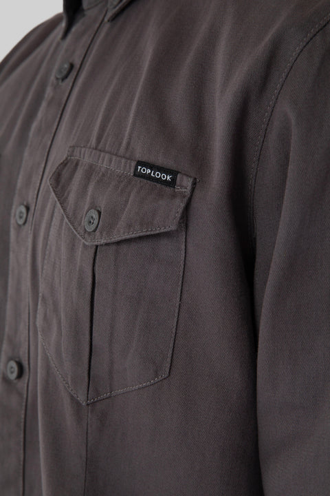 Causal Wear Long-Sleeved Shirt With Two Patch pockets in Volcanic Glass