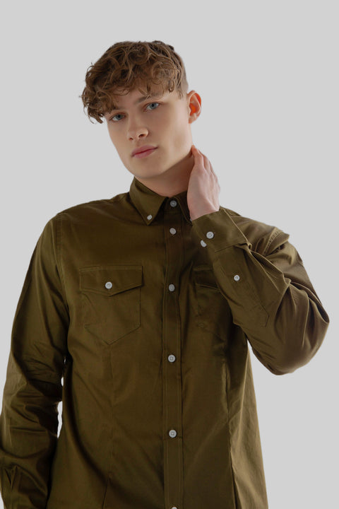 Causal Wear Long-Sleeved Shirt With Two Patch pockets in Olive