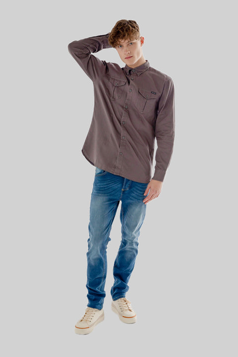 Causal Wear Long-Sleeved Shirt With Two Patch pockets in Volcanic Glass