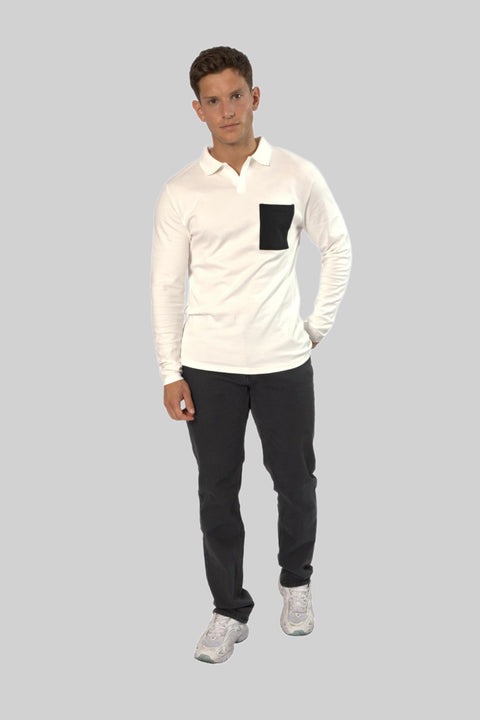 TOPLOOK Men's Long-Sleeve Casual Fashion Polo Shirt with Pocket, White - Toplook London