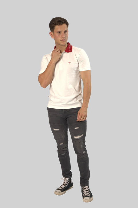 TOPLOOK Contrast Collar Embroidered Logo Short Sleeve Polo Shirt In White/Red - Toplook London