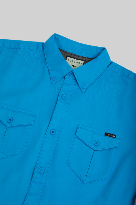 Relaxed Fit Men's Long-Sleeved Shirt With Two Patch pockets in Brilliant Blue