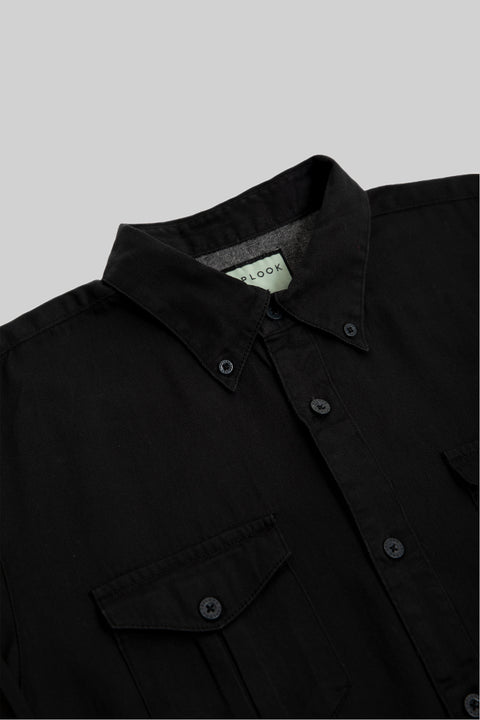 Relaxed Fit Men's Long-Sleeved Shirt With Two Patch pockets in Black
