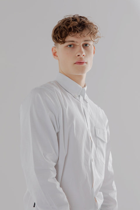 Button Down Collar Long Sleeve shirt with Patch pocket in white Colour - Toplook London