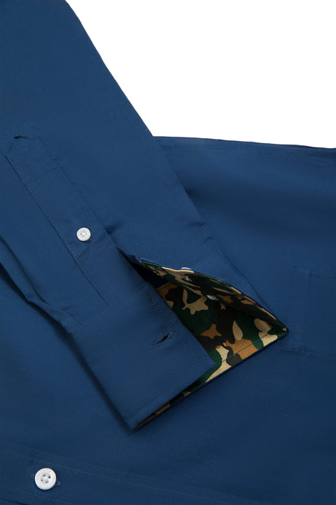 Button Down Collar Long-Sleeved Shirt with Camo Details in navy Colour - Toplook London