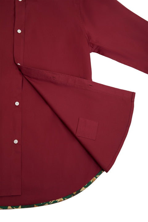 Button Down Collar Long-Sleeved Shirt with Camo Details in ruby wine Colour - Toplook London