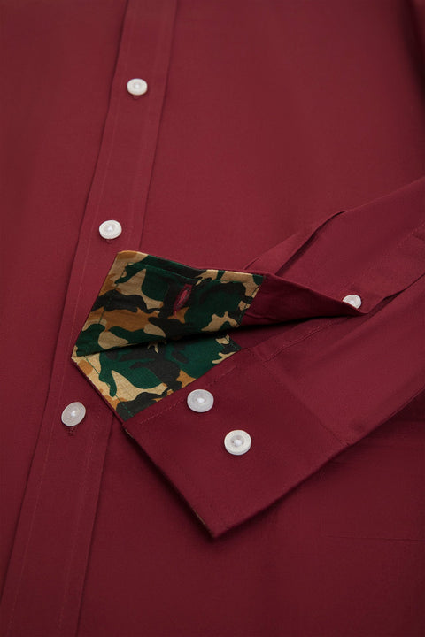 Button Down Collar Long-Sleeved Shirt with Camo Details in ruby wine Colour - Toplook London