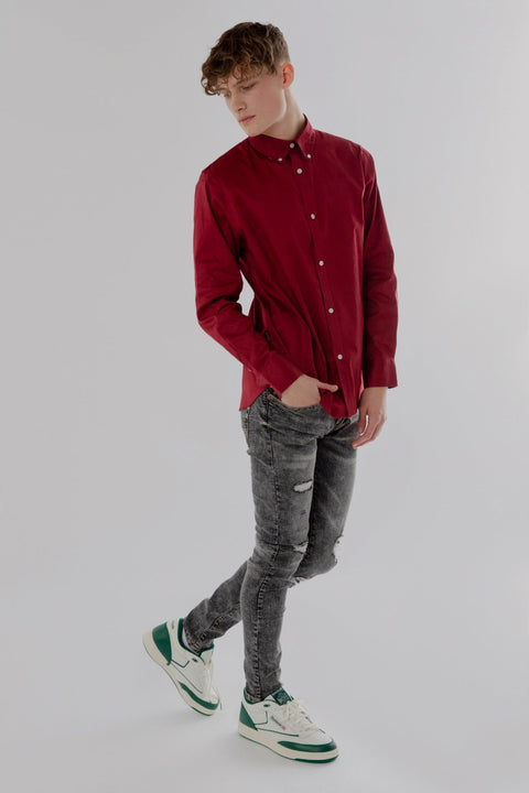 Button Down Collar Long-Sleeved Shirt with Camo Details in ruby wine Colour - Toplook London