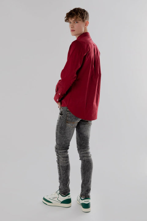 Button Down Collar Long-Sleeved Shirt with Camo Details in ruby wine Colour - Toplook London