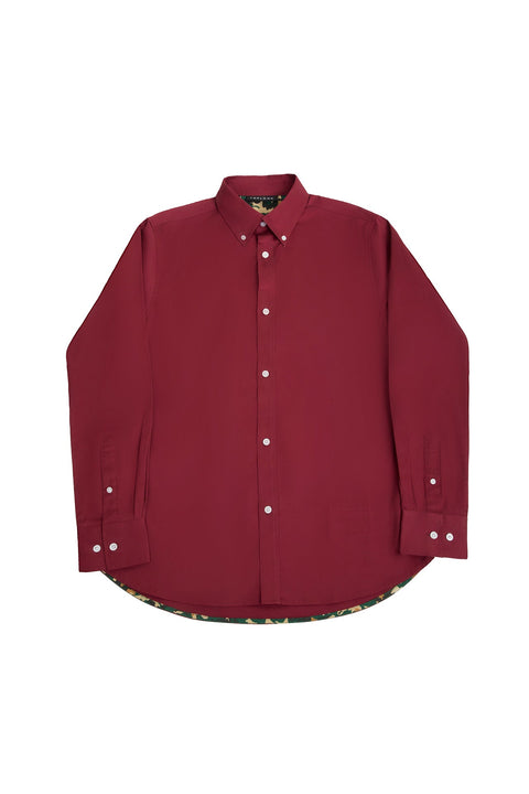 Button Down Collar Long-Sleeved Shirt with Camo Details in ruby wine Colour - Toplook London