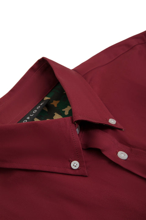 Button Down Collar Long-Sleeved Shirt with Camo Details in ruby wine Colour - Toplook London