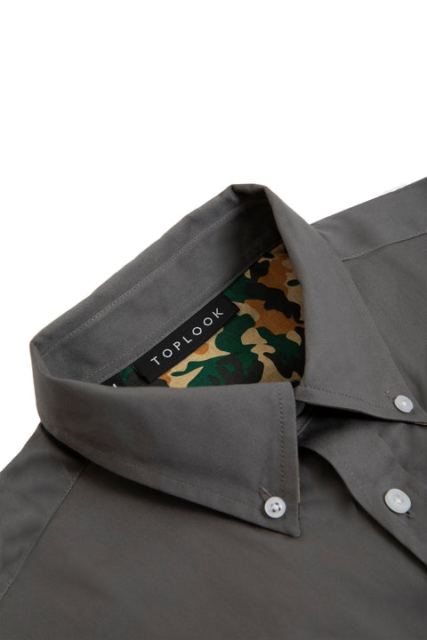 Button Down Collar Long-Sleeved Shirt with Camo Details in steel grey Colour - Toplook London