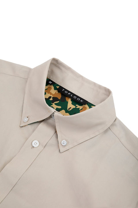 Button Down Collar Long-Sleeved Shirt with Camo Details in volcanic glass Colour - Toplook London