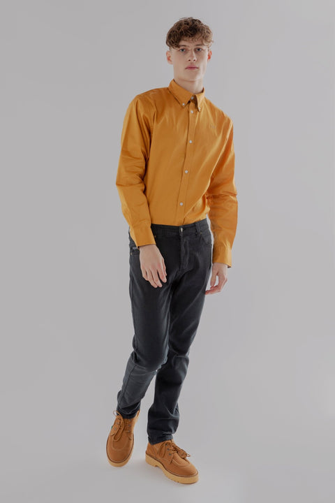 Button Down Collar Long-Sleeved Shirt with Flower Details in Amber Gold - Toplook London