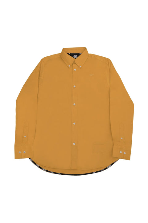 Button Down Collar Long-Sleeved Shirt with Flower Details in Amber Gold - Toplook London