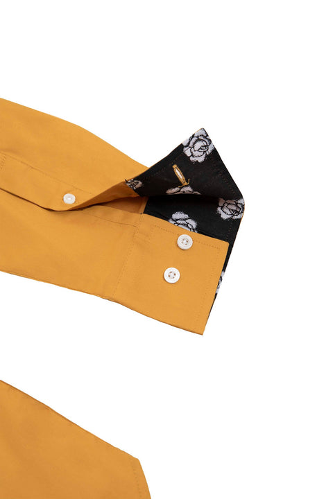 Button Down Collar Long-Sleeved Shirt with Flower Details in Amber Gold - Toplook London