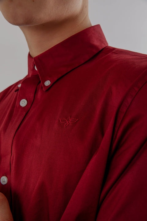 Button Down Collar Long-Sleeved Shirt with Flower Details in Burgundy - Toplook London