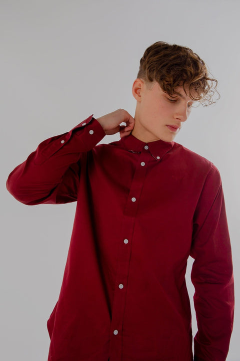 Button Down Collar Long-Sleeved Shirt with Flower Details in Burgundy - Toplook London