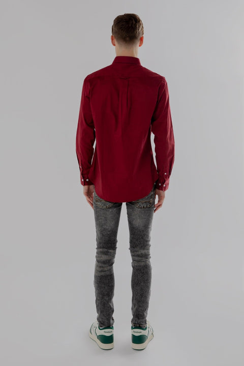 Button Down Collar Long-Sleeved Shirt with Flower Details in Burgundy - Toplook London
