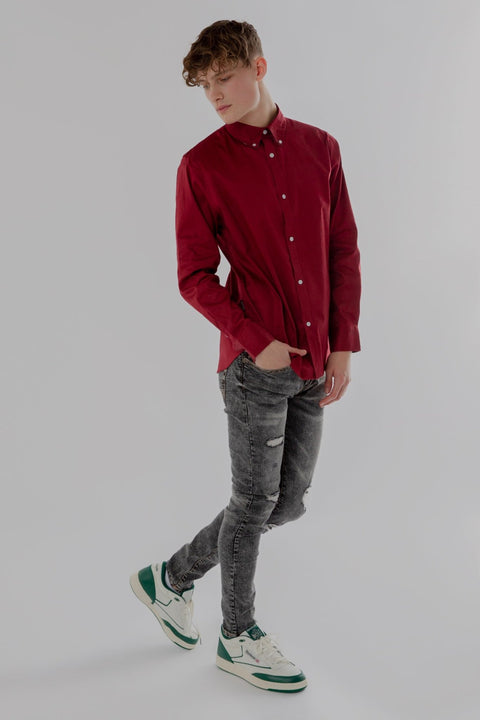 Button Down Collar Long-Sleeved Shirt with Flower Details in Burgundy - Toplook London