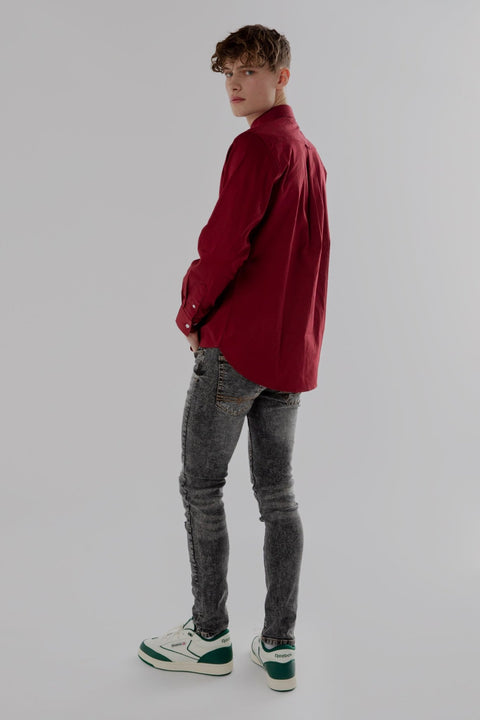 Button Down Collar Long-Sleeved Shirt with Flower Details in Burgundy - Toplook London