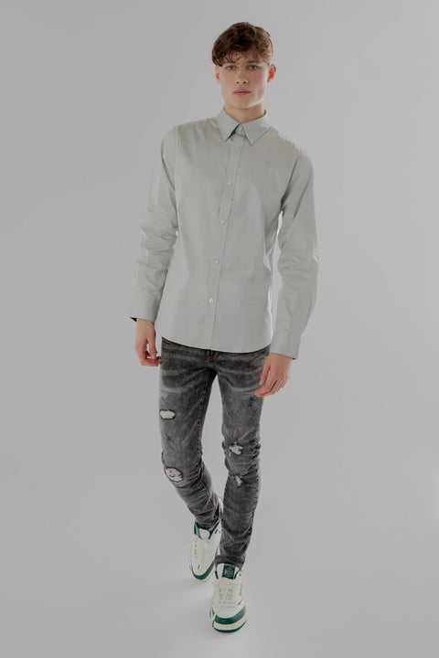 Button Down Collar Long-Sleeved Shirt with Flower Details in light grey - Toplook London