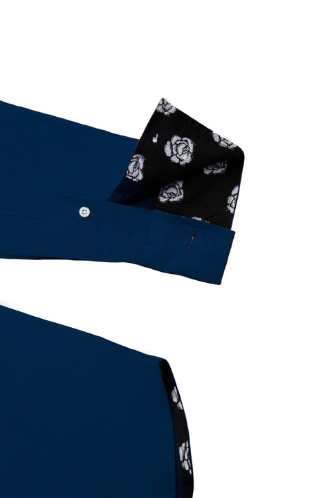 Button Down Collar Long-Sleeved Shirt with Flower Details in Navy Peony - Toplook London