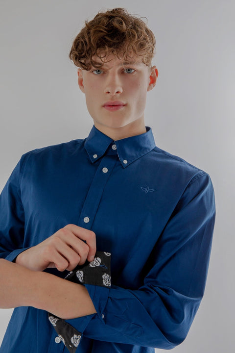 Button Down Collar Long-Sleeved Shirt with Flower Details in Navy Peony - Toplook London