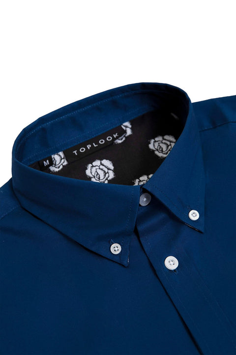 Button Down Collar Long-Sleeved Shirt with Flower Details in Navy Peony - Toplook London