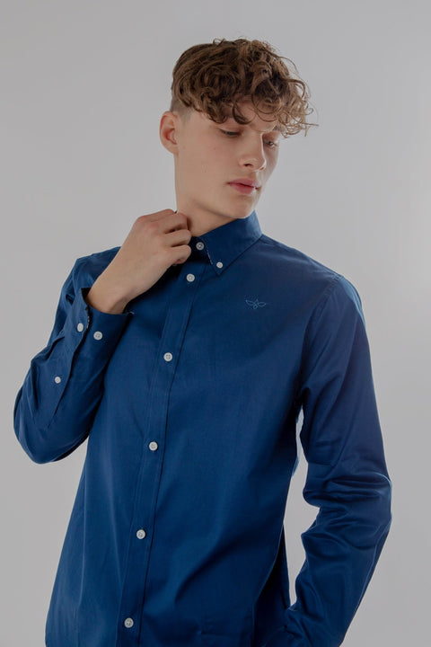 Button Down Collar Long-Sleeved Shirt with Flower Details in Navy Peony - Toplook London