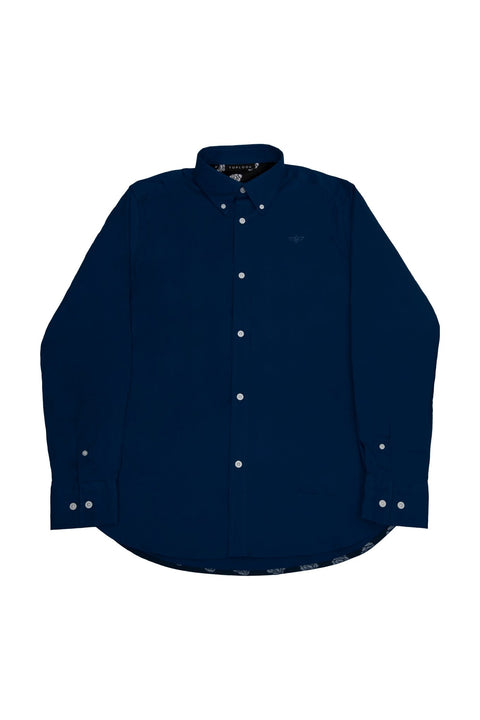 Button Down Collar Long-Sleeved Shirt with Flower Details in Navy Peony - Toplook London