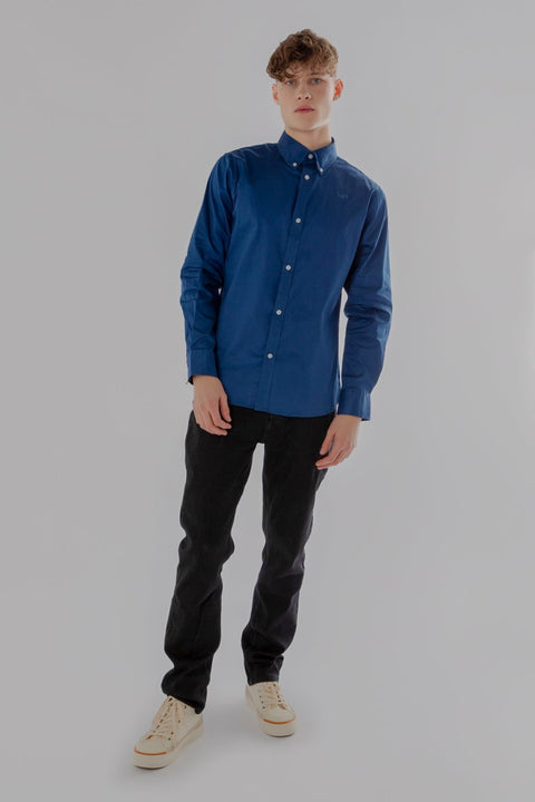 Button Down Collar Long-Sleeved Shirt with Flower Details in Navy Peony - Toplook London