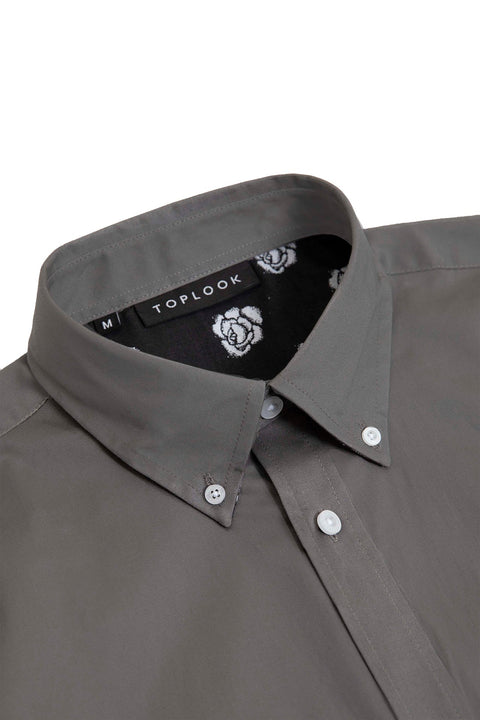 Button Down Collar Long-Sleeved Shirt with Flower Details in Steel Grey Colour - Toplook London