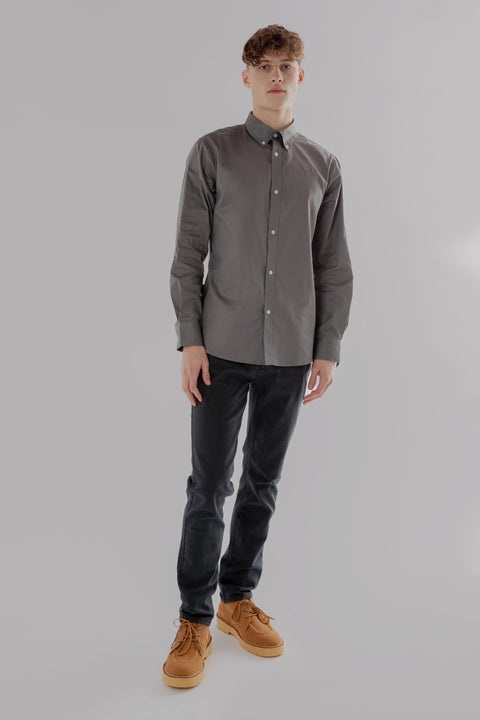 Button Down Collar Long-Sleeved Shirt with Flower Details in Steel Grey Colour - Toplook London