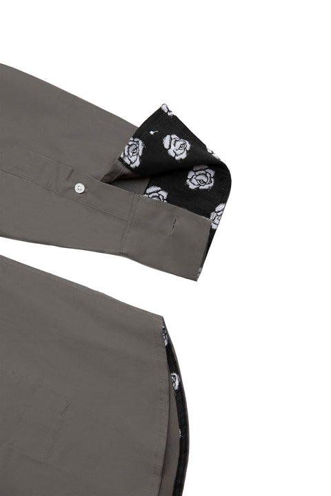 Button Down Collar Long-Sleeved Shirt with Flower Details in Steel Grey Colour - Toplook London