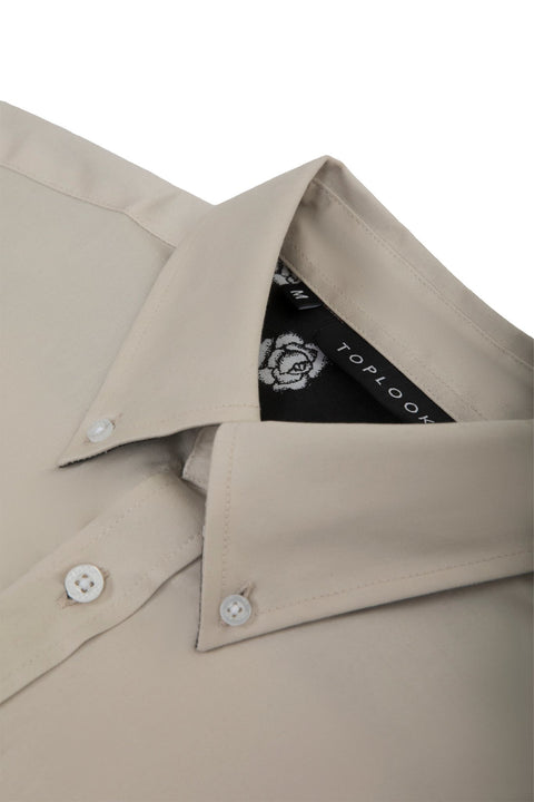 Button Down Collar Long-Sleeved Shirt with Flower Details in Volcanic Glass - Toplook London